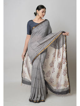 Unnati Silks - Beige Black Pashmina Hand Block Bagru Printed Cotton Saree with Unstitched Blouse