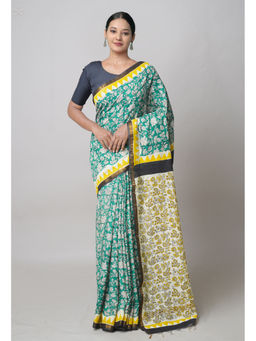 Unnati Silks - Green Pashmina Hand Block Bagru Printed Cotton Saree with Unstitched Blouse