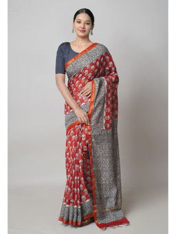 Unnati Silks - Red Pashmina Hand Block Bagru Printed Cotton Saree with Unstitched Blouse