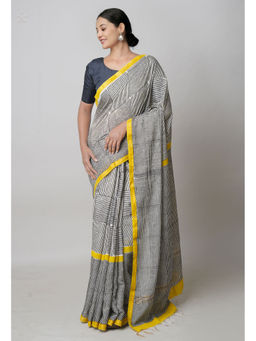 Unnati Silks - Beige Black Pashmina Hand Block Bagru Printed Cotton Saree with Unstitched Blouse