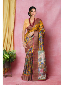 Unnati Silks - Mustard Pure Handloom Designer Printed Bengal Tussar Silk Saree with Unstitched Blouse