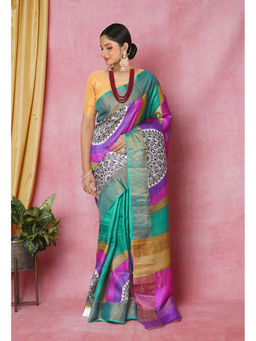 Unnati Silks - Green Pure Handloom Designer Printed Bengal Tussar Silk Saree with Unstitched Blouse