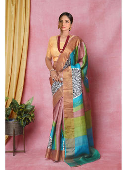 Unnati Silks - Brown Pure Handloom Designer Printed Bengal Tussar Silk Saree with Unstitched Blouse