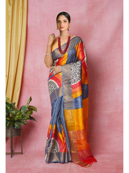 Unnati Silks - Grey Pure Handloom Designer Printed Bengal Tussar Silk Saree with Unstitched Blouse