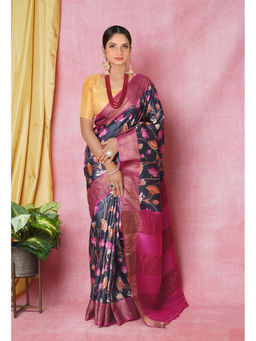 Unnati Silks - Pink Pure Handloom Designer Printed Bengal Tussar Silk Saree with Unstitched Blouse