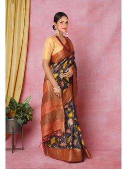Unnati Silks - Orange Pure Handloom Designer Printed Bengal Tussar Silk Saree with Unstitched Blouse
