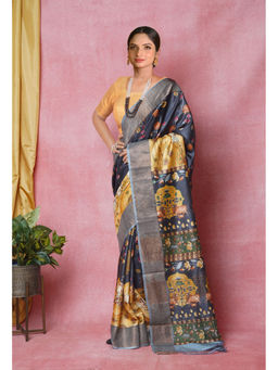 Unnati Silks - Black Pure Handloom Designer Printed Bengal Tussar Silk Saree with Unstitched Blouse