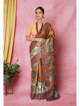 Unnati Silks - Orange Pure Handloom Designer Printed Bengal Tussar Silk Saree with Unstitched Blouse