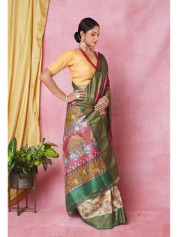 Unnati Silks - Pink Pure Handloom Designer Printed Bengal Tussar Silk Saree with Unstitched Blouse