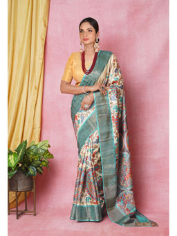 Unnati Silks - Cream Pure Handloom Designer Printed Bengal Tussar Silk Saree with Unstitched Blouse