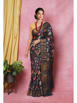 Unnati Silks - Black Pure Handloom Designer Printed Bengal Tussar Silk Saree with Unstitched Blouse