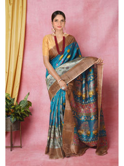 Unnati Silks - Blue Pure Handloom Designer Printed Bengal Tussar Silk Saree with Unstitched Blouse