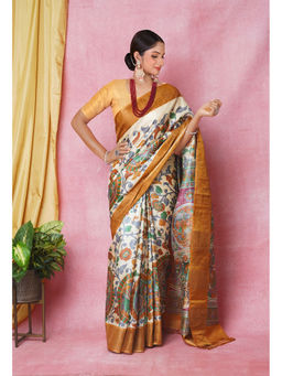 Unnati Silks - Cream Pure Handloom Designer Printed Bengal Tussar Silk Saree with Unstitched Blouse