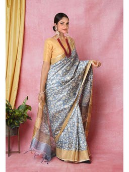 Unnati Silks - Blue Pure Handloom Designer Printed Bengal Tussar Silk Saree with Unstitched Blouse