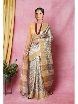 Unnati Silks - Pale Grey Pure Handloom Printed Bengal Tussar Silk Saree with Unstitched Blouse