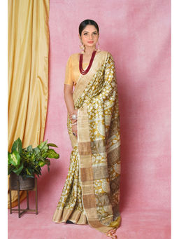 Unnati Silks - Gold Pure Handloom Designer Printed Bengal Tussar Silk Saree with Unstitched Blouse