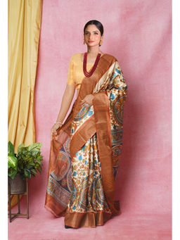 Unnati Silks - Cream Pure Handloom Designer Printed Bengal Tussar Silk Saree with Unstitched Blouse