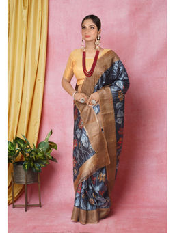 Unnati Silks - Black Pure Handloom Designer Printed Bengal Tussar Silk Saree with Unstitched Blouse