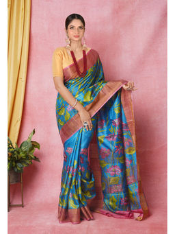 Unnati Silks - Blue Pure Handloom Designer Printed Bengal Tussar Silk Saree with Unstitched Blouse