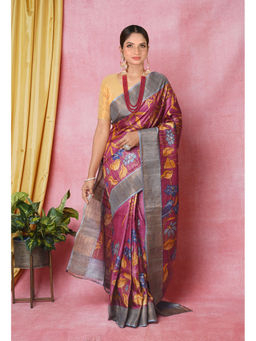 Unnati Silks - Burgundy Pure Handloom Designer Printed Bengal Tussar Silk Saree with Unstitched Blouse