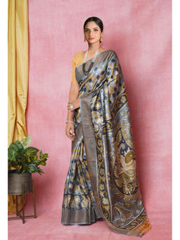 Unnati Silks - Bluish Grey Pure Handloom Printed Bengal Tussar Silk Saree with Unstitched Blouse