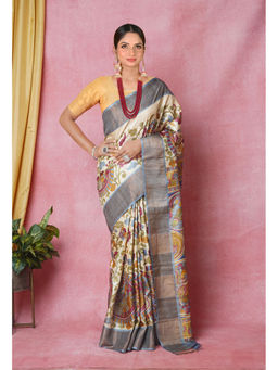 Unnati Silks - Cream Pure Handloom Designer Printed Bengal Tussar Silk Saree with Unstitched Blouse