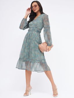 Kibo - Chiffon Printed Ruching Fit & Flare Dress for Women