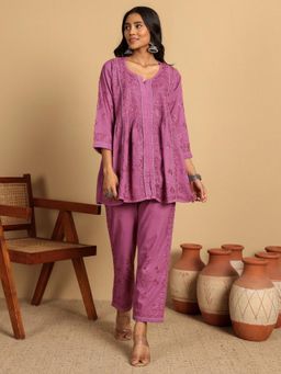 Chowkhat - Handloom Purple Chikankari Flare Cotton Tunic and Pant Co-Ord
