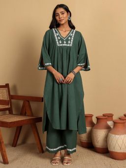 Chowkhat - Green Handloom Chikankari Pure Cotton Kurta with Palazzo