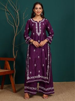 Chowkhat - Purple Handloom Chikankari Chanderi Kurta with Palazzo