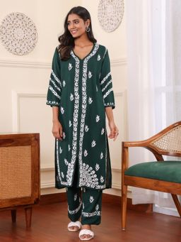 Chowkhat - Green Handloom Chikankari Modal Kurta with Palazzo