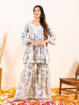 Chowkhat - Handloom Blue Chikankari Mul Cotton Flare Short Kurta with Sharara