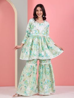 Chowkhat - Handloom Green Chikankari Mul Cotton Flare Short Kurta with Sharara