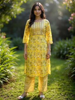 Rangita - Women Yellow Rayon Embroidered Straight Kurta with Pant