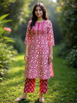 Rangita - Women Pink Rayon Embroidered Straight Kurta with Pant
