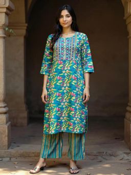 Rangita - Women Teal Rayon Embroidered Straight Kurta with Pant
