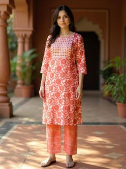Rangita - Women Coral Rayon Embroidered Straight Kurta with Pant