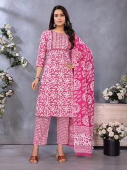 Rangita - Women Pink Cotton Printed Straight Kurta with Pant and Dupatta