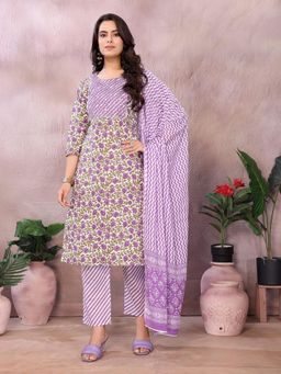 Rangita - Women Purple Cotton Printed Straight Kurta with Pant and Dupatta