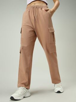 Outzidr - Brown Cotton Cargo Pocket Street Style Sweatpants