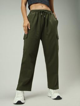 Outzidr - Olive Cotton Cargo Pocket Wide Leg Street Style Sweatpants
