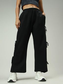 Outzidr - Black Cotton Bow Detailed Street Style Sweatpants