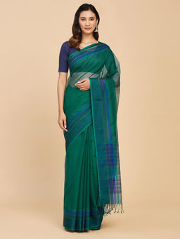 Fabindia - Teal Cotton Silk Saree Without Blouse