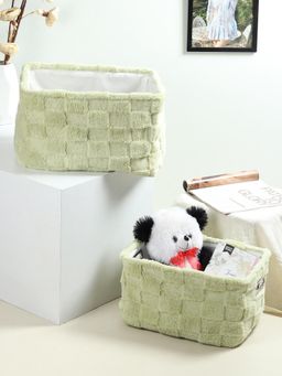 De Maison Decor - Soft Grid Plush Storage Basket Sage Green Set of 2