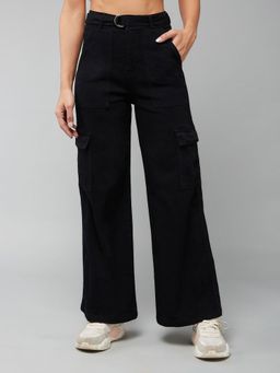 DOLCE CRUDO - Women Black Wide Fit Wide High Rise Stretchable Jeans with Belt