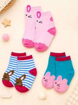 Little Surprise Box - Ears Print Red Border And Pink Socks Set For Kids (Pack of 3) (2-4 Years)