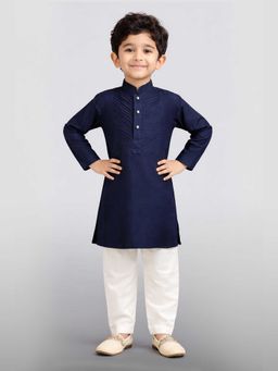 Vastramay - Boys Navy Blue Volvo Cotton Solid Kurta & Pyjama
