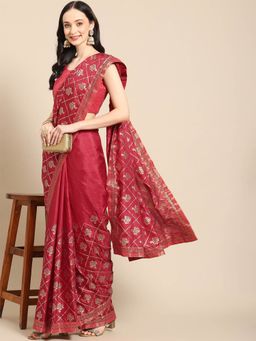 Odette - Red Silk Printed Saree with Unstitched Blouse