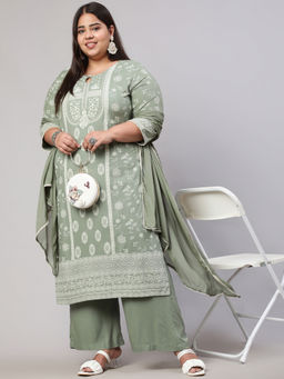 Jaipur Kurti - Plus Size Green Printed Straight Kurta with Palazzos & Dupatta (Set of 3)