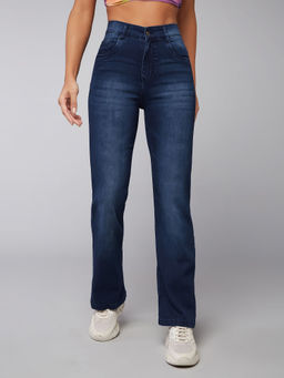 DOLCE CRUDO - Women's Navy Blue Straight Leg Mid Rise Clean Look Regular Denim Jeans